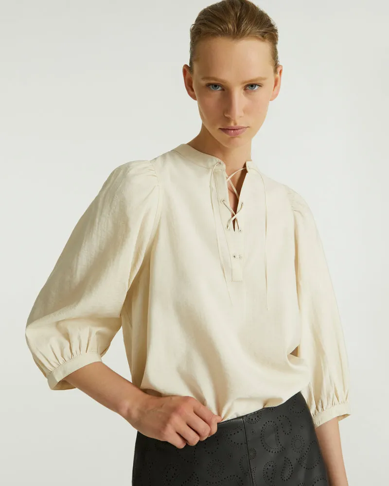 Tie-Neck Silk Seersucker Blouse