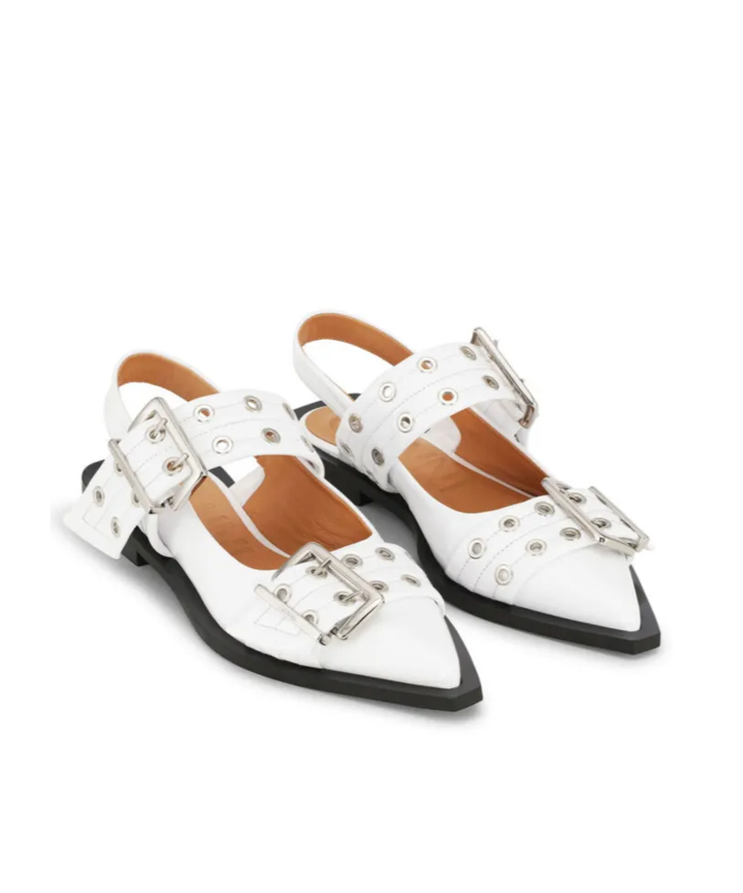 Ganni Egret Pointed Toe Buckle Ballerinas