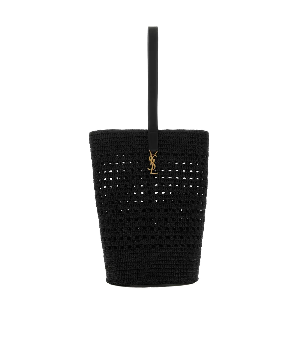 Saint Laurent Logo Plaque Woven Bucket Bag