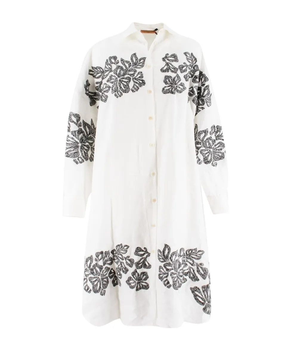 Floral-Embroidered Linen Shirt Dress