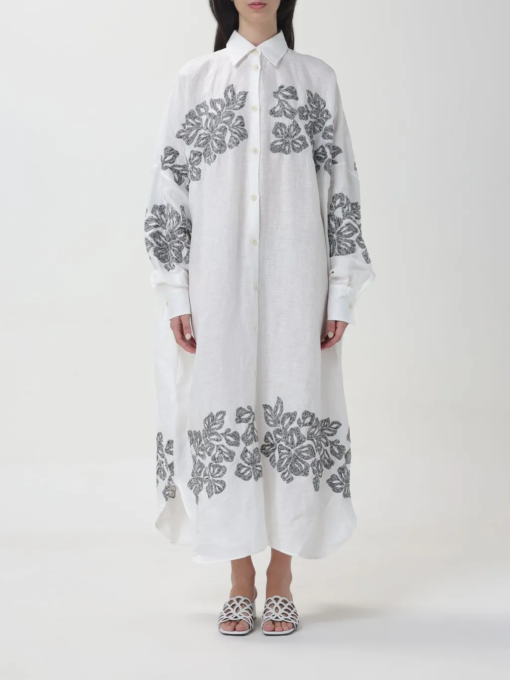Floral-Embroidered Linen Shirt Dress