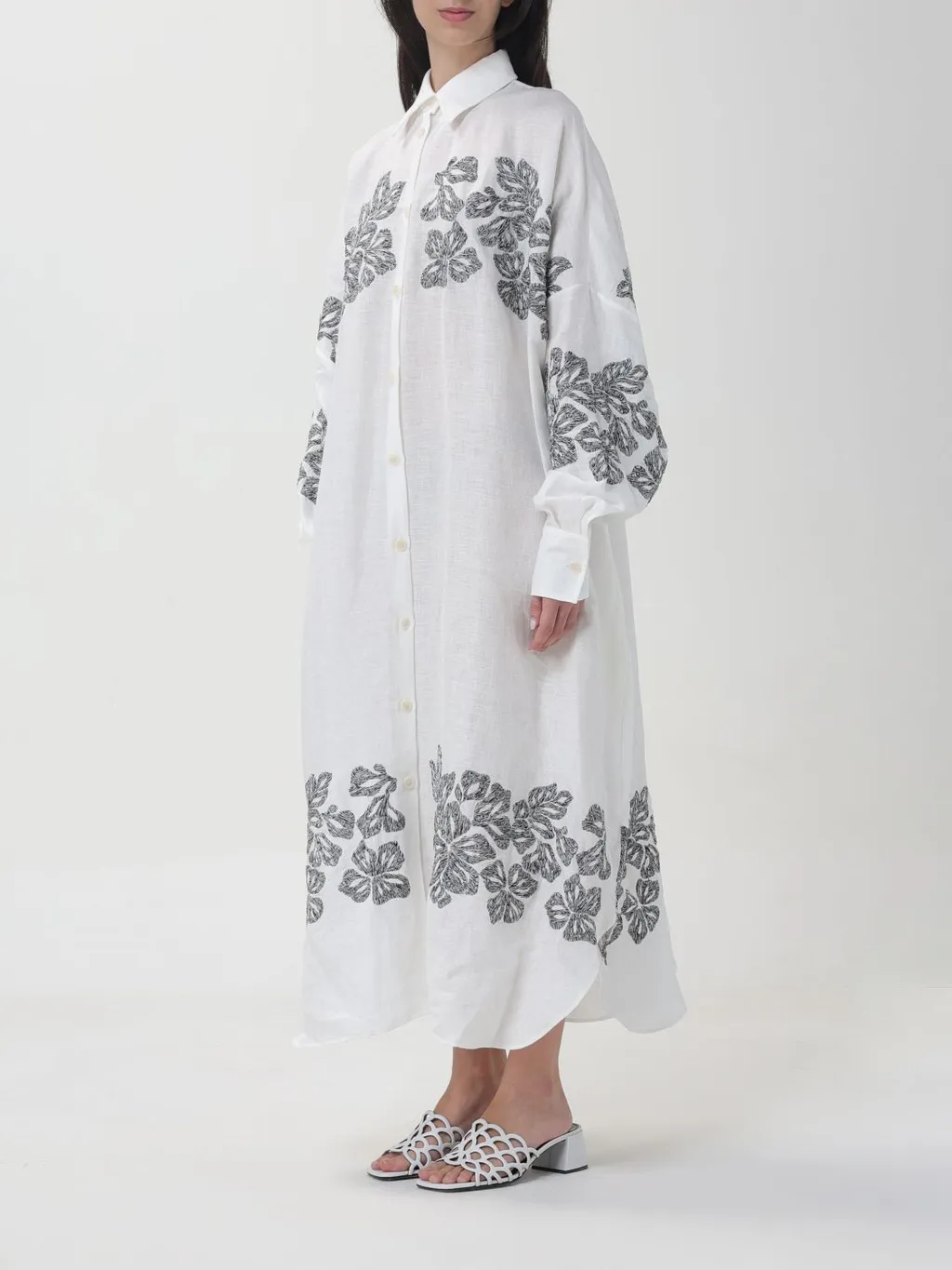 Floral-Embroidered Linen Shirt Dress
