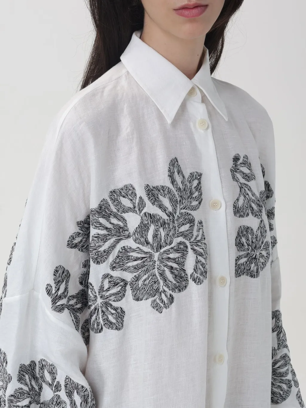 Floral-Embroidered Linen Shirt Dress