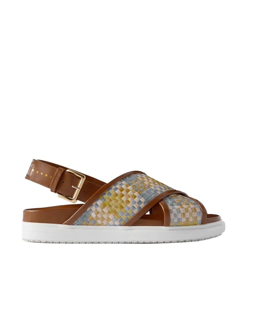 Fussbett Sandals In Brown Leather And Raffia-Effect Fabric