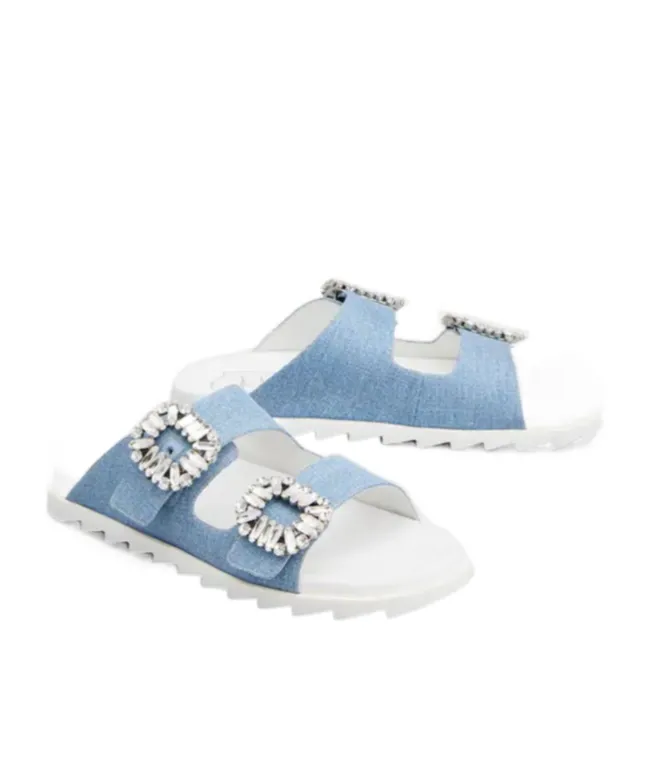 Slidy Viv' Strass Buckle Mules In Denim