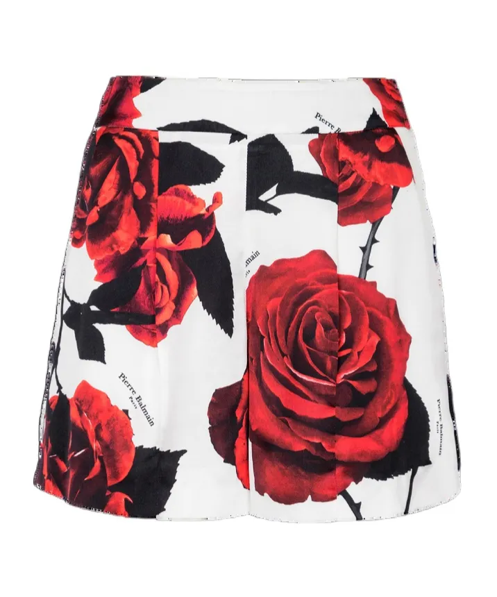 Balmain Rose Printed Satin Shorts