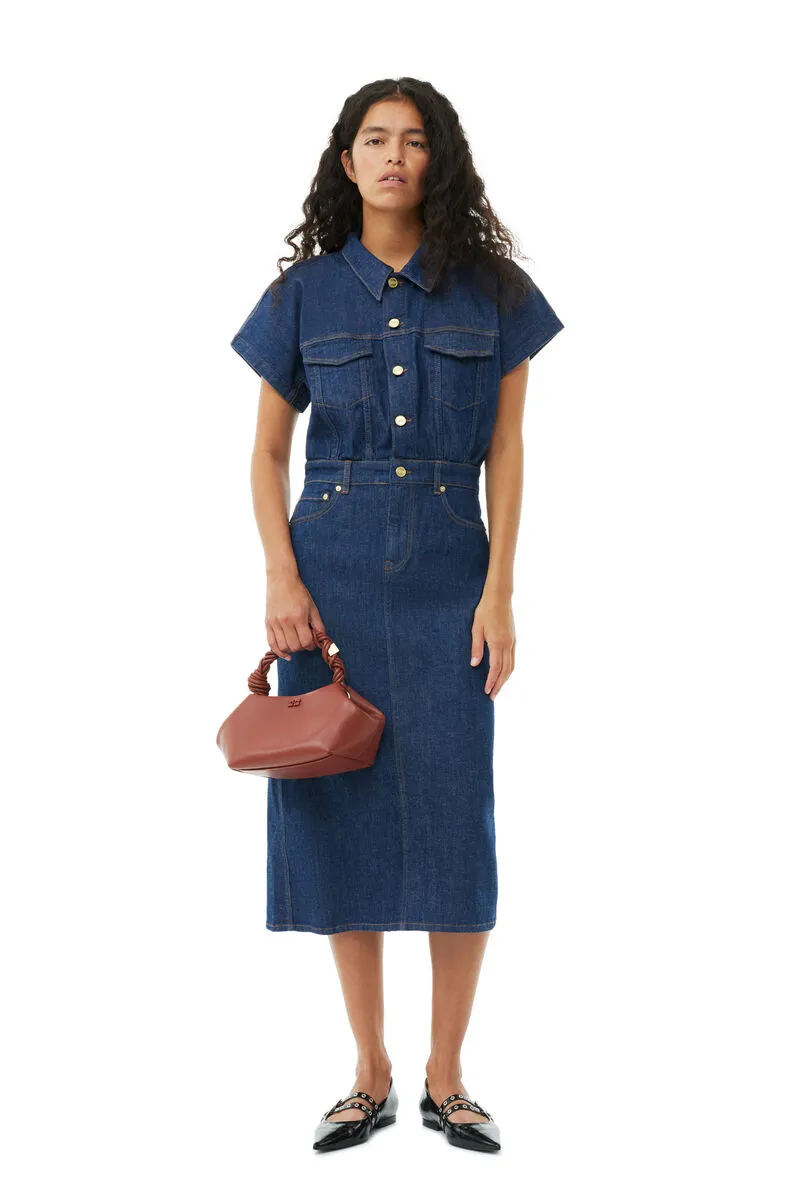 Ganni Short-Sleeved Denim Midi Dress