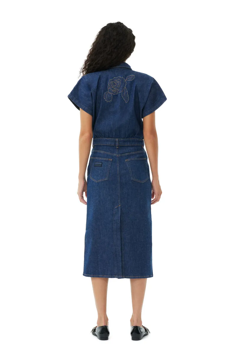 Ganni Short-Sleeved Denim Midi Dress