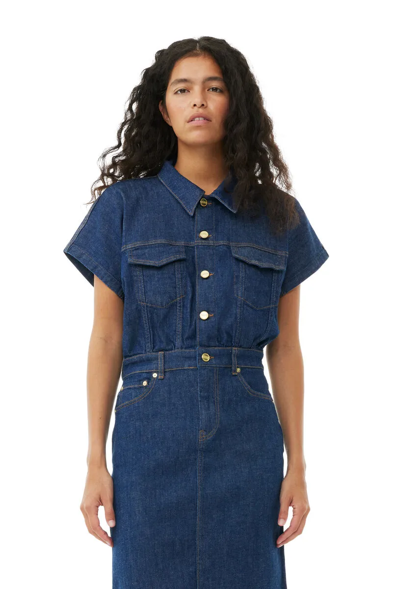 Ganni Short-Sleeved Denim Midi Dress