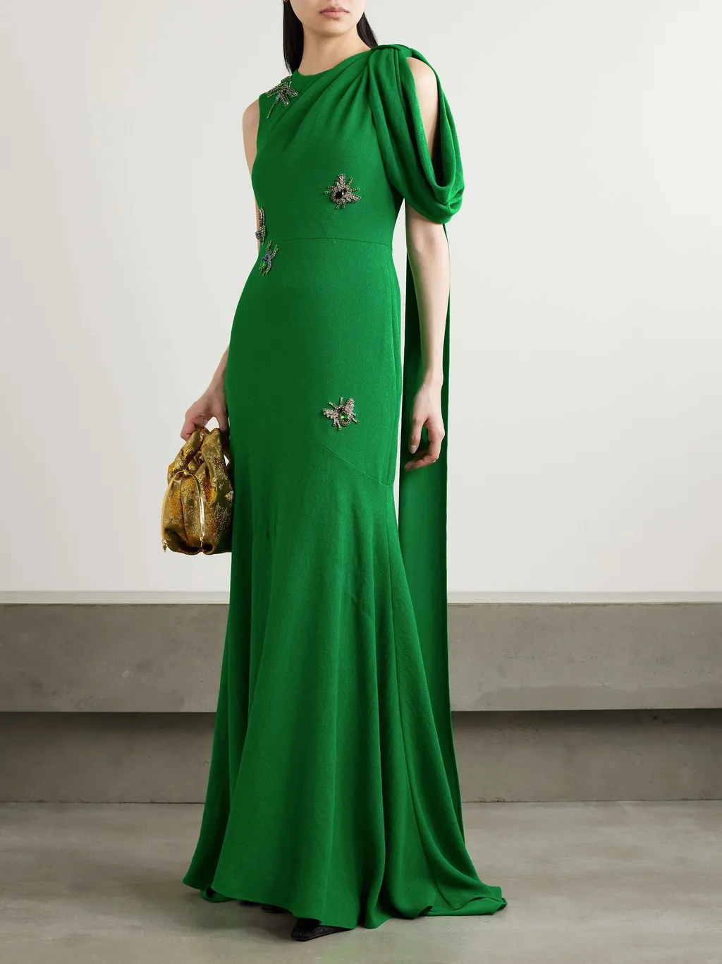 Crystal-Embellished Drape-Shoulder Gown