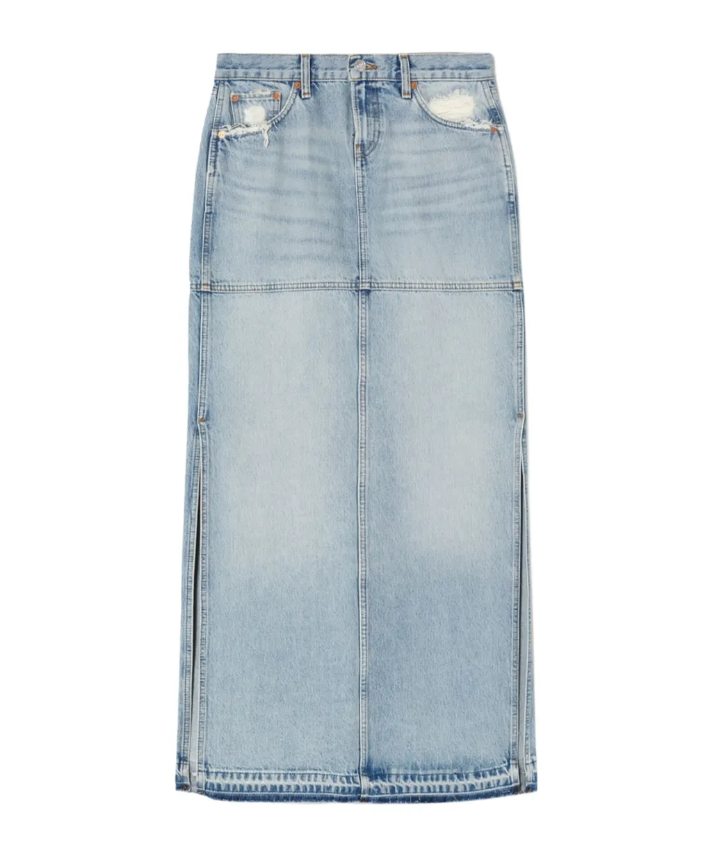 Re/Done Side-Slit Distressed Denim Maxi Skirt