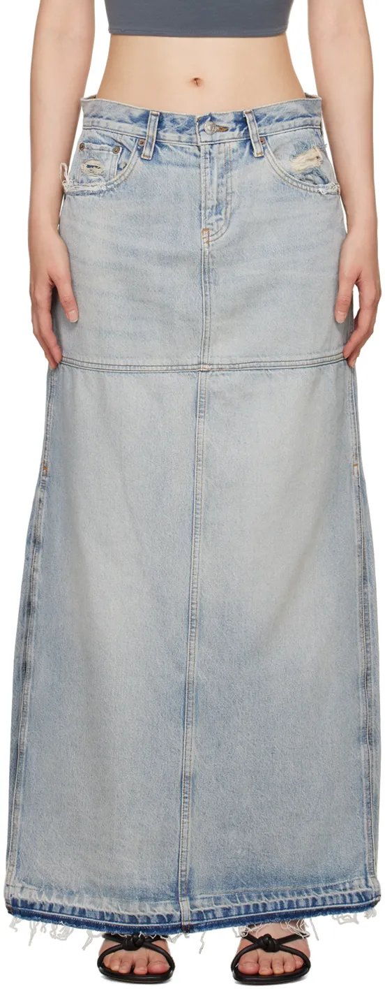 Re/Done Side-Slit Distressed Denim Maxi Skirt