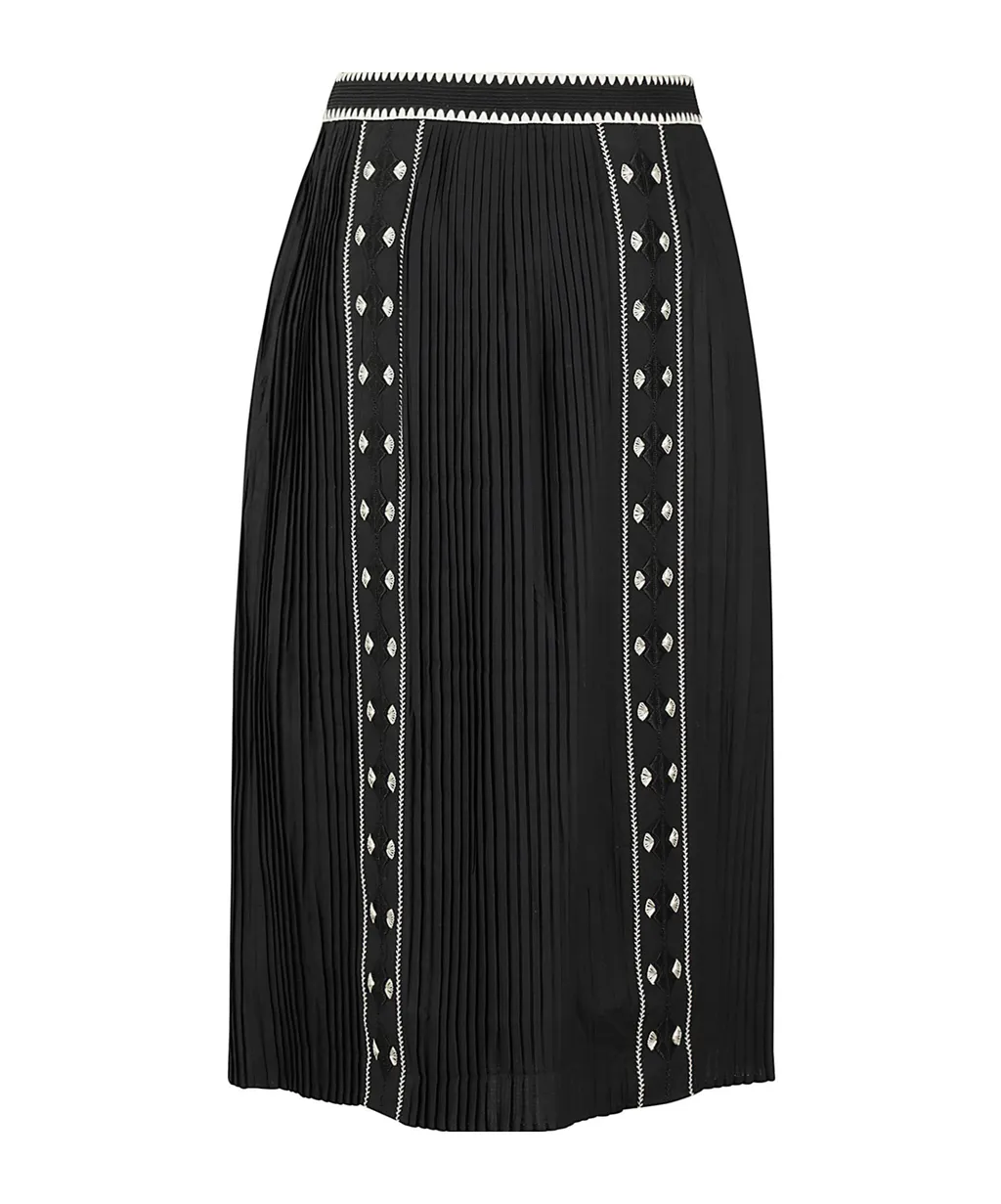 Embroidered Pleated Medium-Length Skirt
