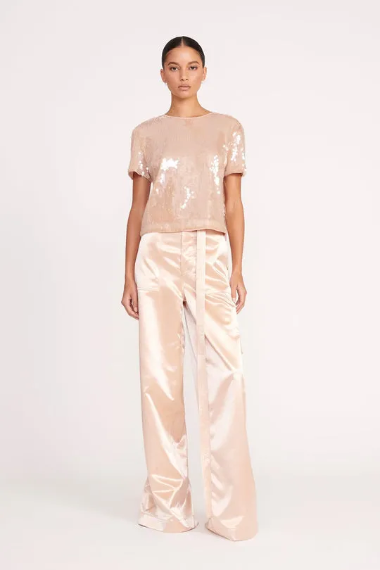 Belted Satin-Finish Palazzo Pants