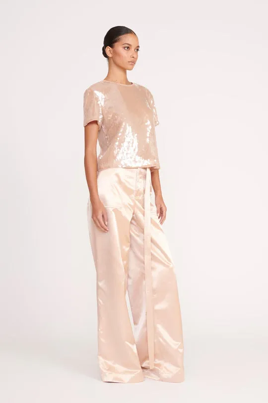 Belted Satin-Finish Palazzo Pants