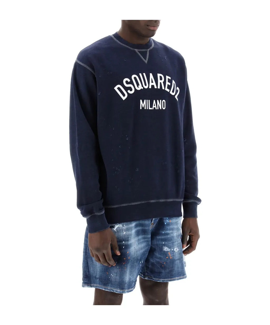 Dsquared2 Logo Print Distressed Crewneck Sweatshirt