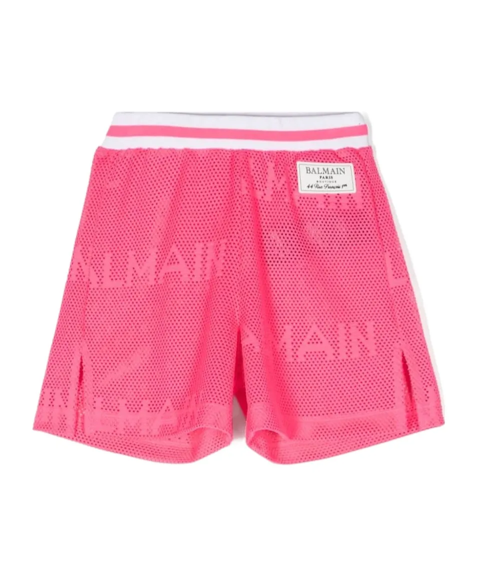 Balmain Kids Monogram Jacquard Logo Patch Mesh Shorts