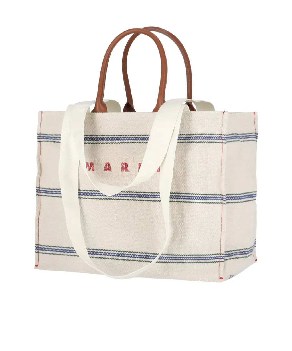 Marni Logo Embroidered Striped Large Tote Bag