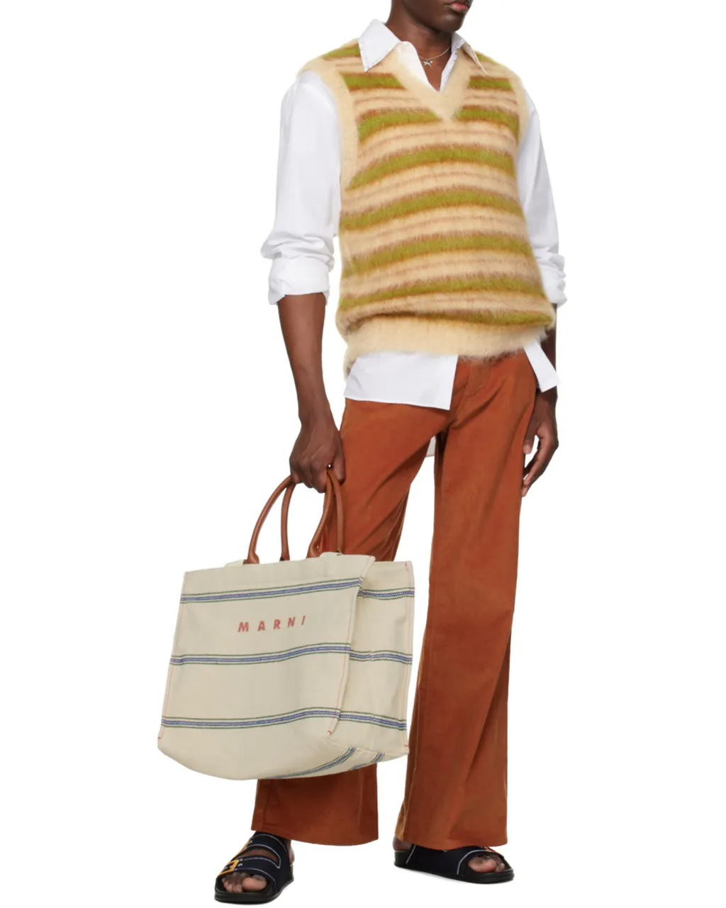 Marni Logo Embroidered Striped Large Tote Bag