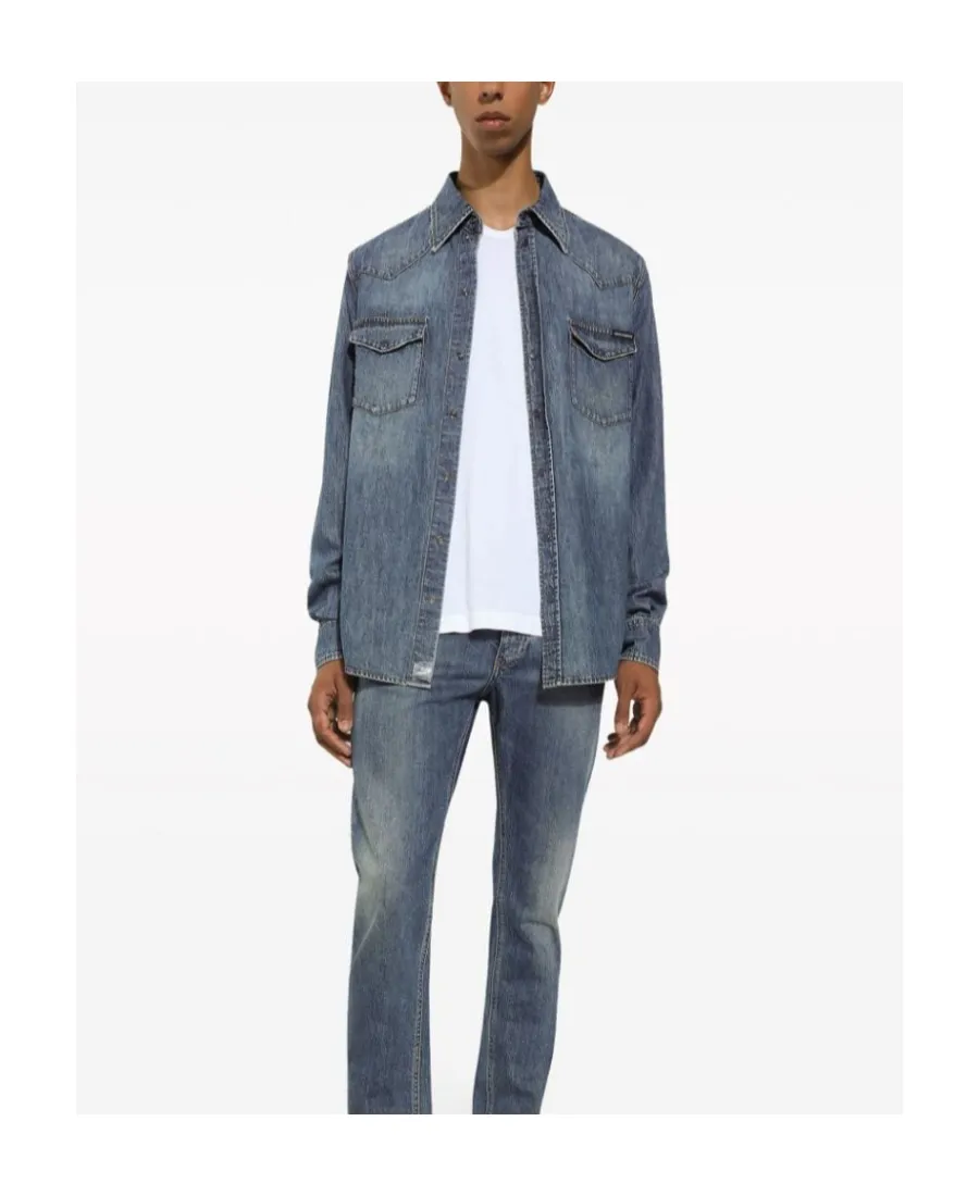 Dolce & Gabbana Logo Plaque Denim Shirt