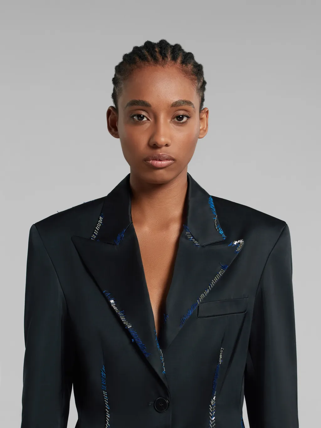 Black Duchesse Satin Jacket With Bead Mending