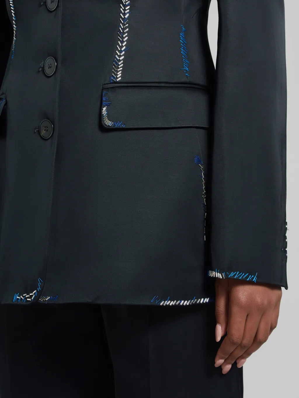 Black Duchesse Satin Jacket With Bead Mending