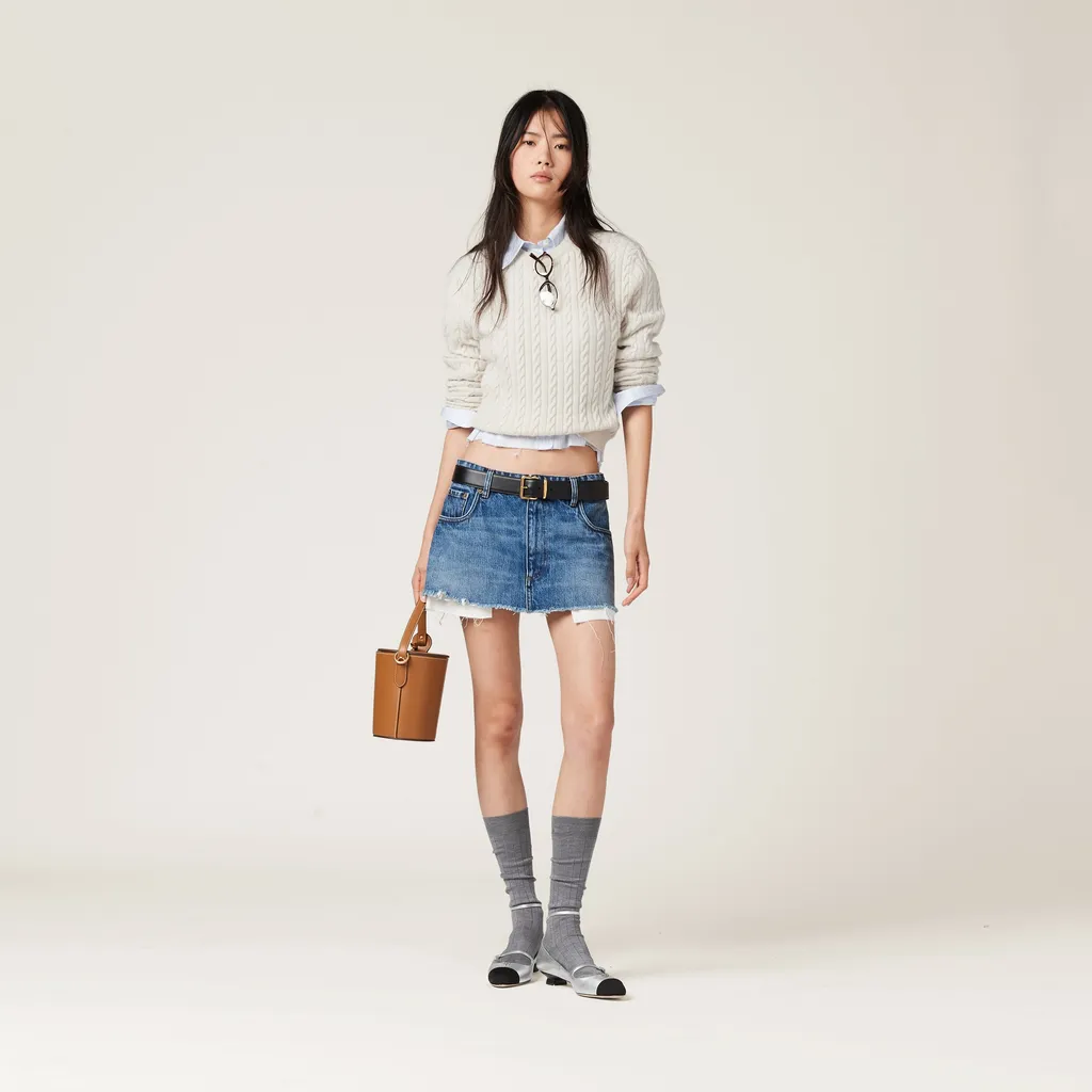 Miu Miu Logo Detailed Frayed-Hem Denim Skirt