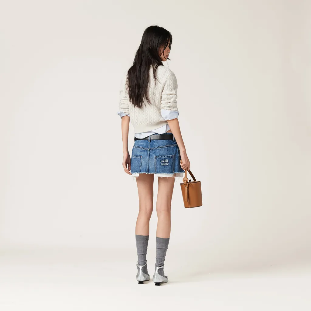 Miu Miu Logo Detailed Frayed-Hem Denim Skirt