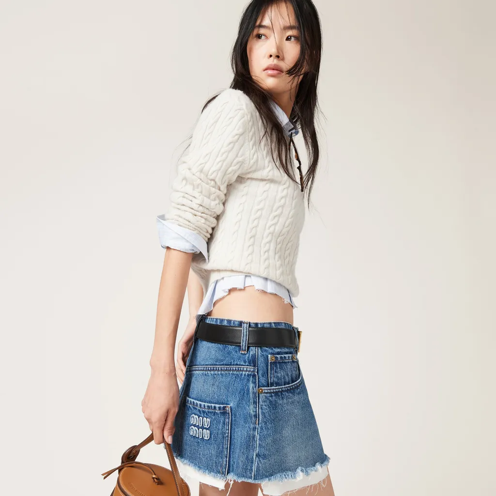 Miu Miu Logo Detailed Frayed-Hem Denim Skirt