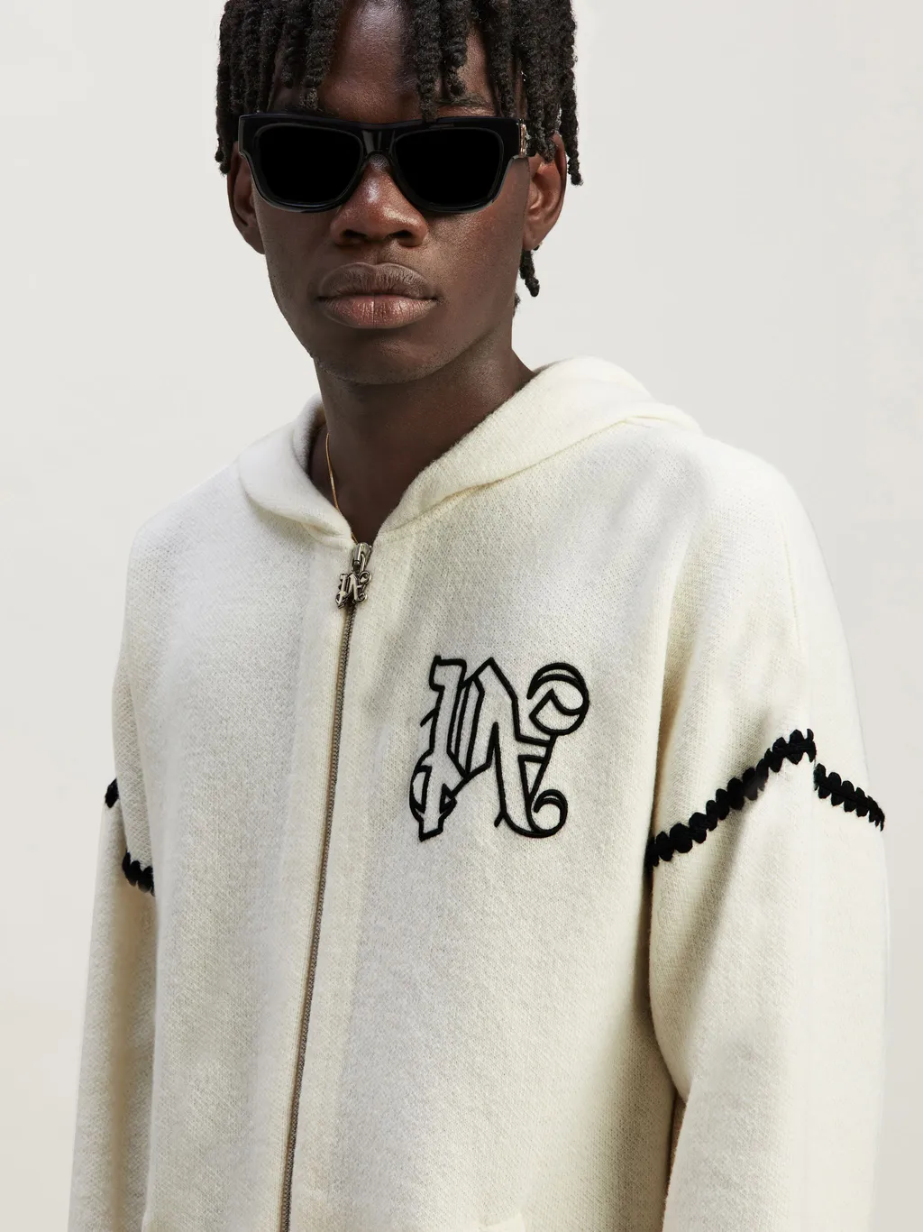 Palm Angels Monogram Embroidered Zipped Knitted Hoodie