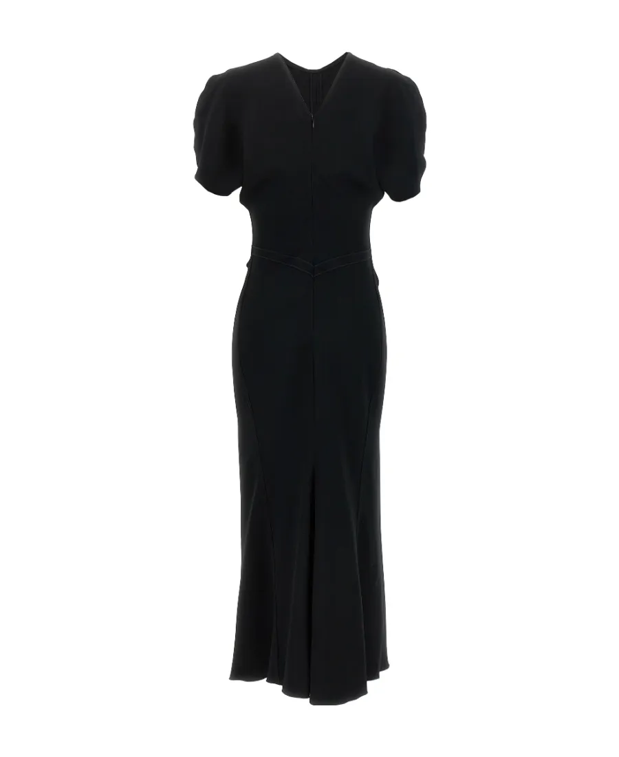 Victoria Beckham Ruched-Waist V-Back Crepe Midi Dress