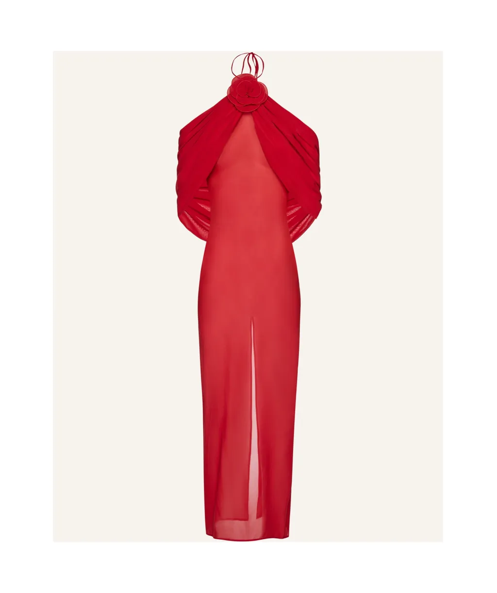 Flower-Appliqué Sheer Silk Dress