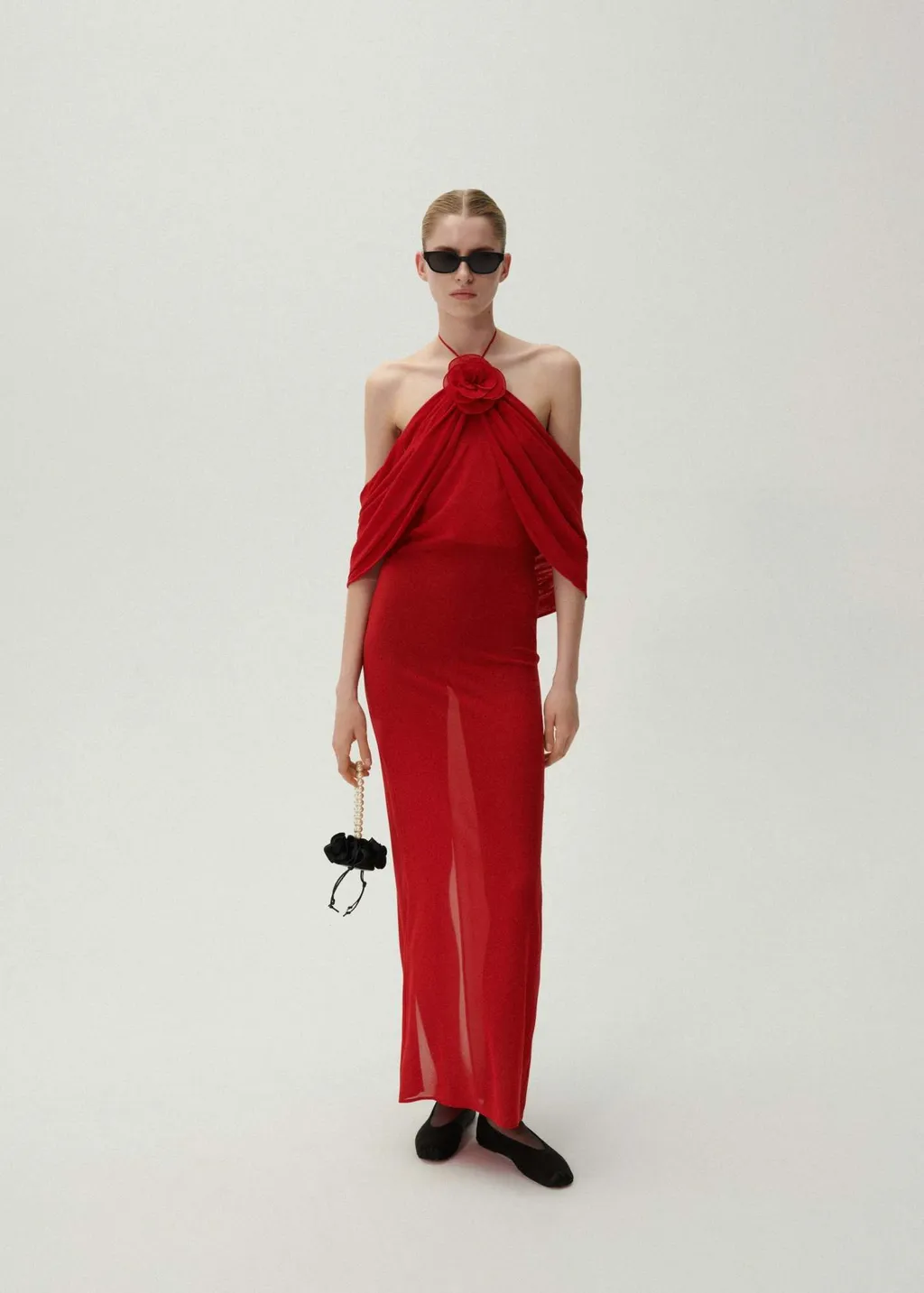 Flower-Appliqué Sheer Silk Dress