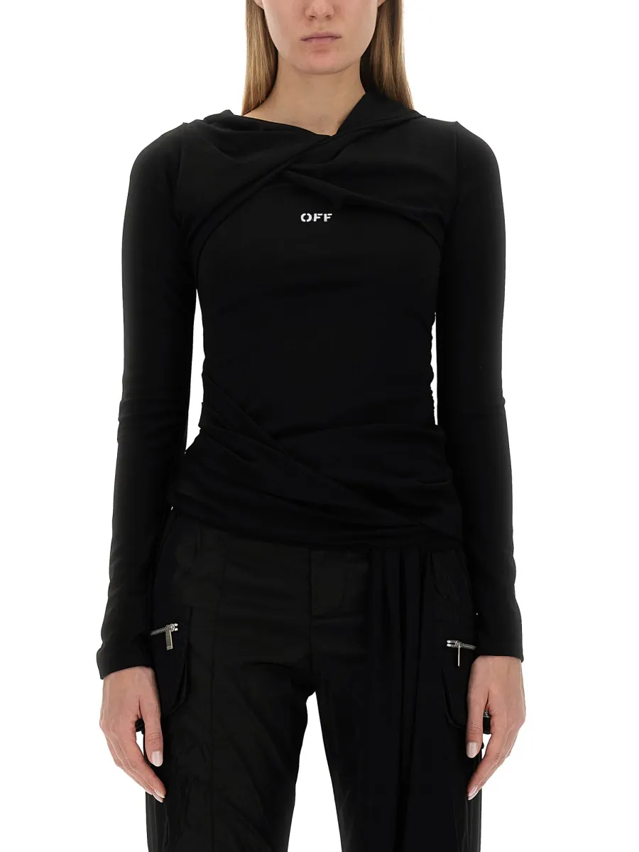 Off-White Fluid Jer Twist Long-Sleeved Hooded Top
