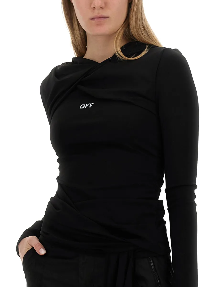 Off-White Fluid Jer Twist Long-Sleeved Hooded Top