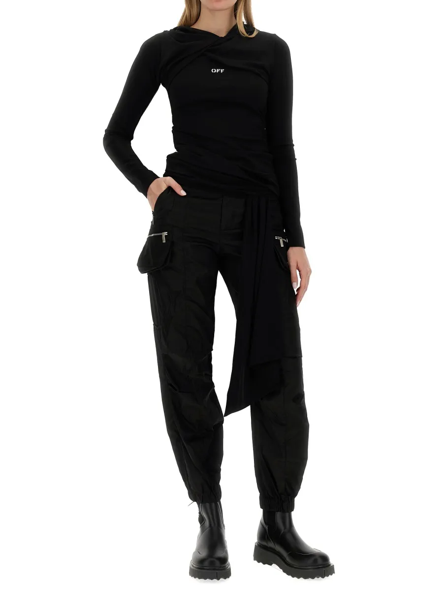 Off-White Fluid Jer Twist Long-Sleeved Hooded Top