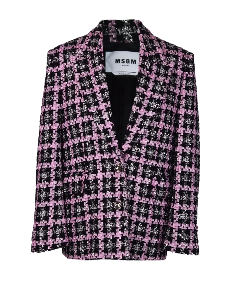 Msgm Plunging V-Neck Single-Breasted Tweed Blazer