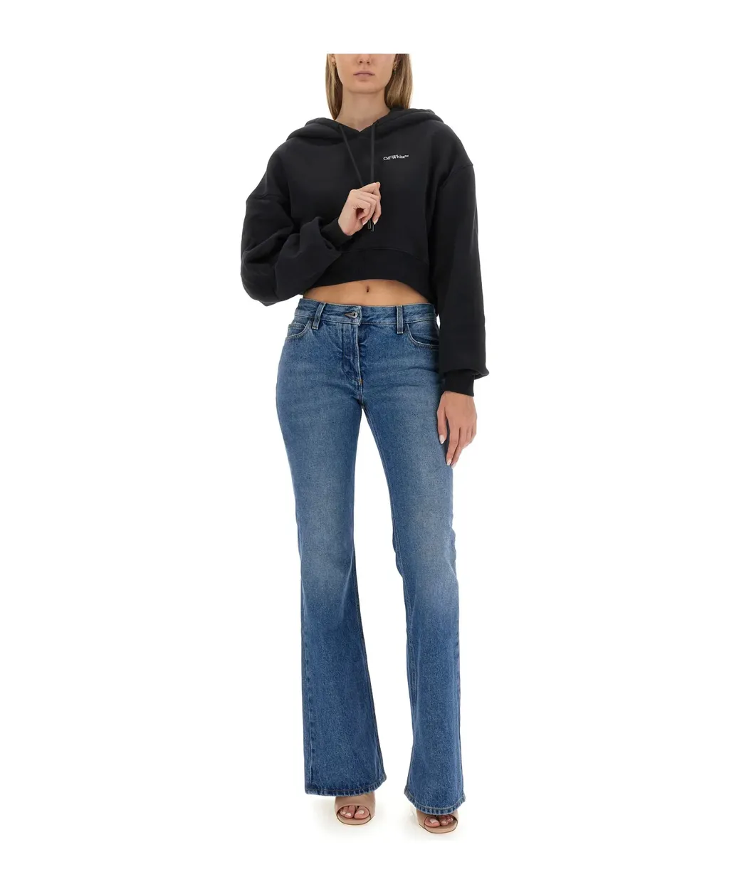 Off-White Logo Printed Cropped Drawstring Hoodie