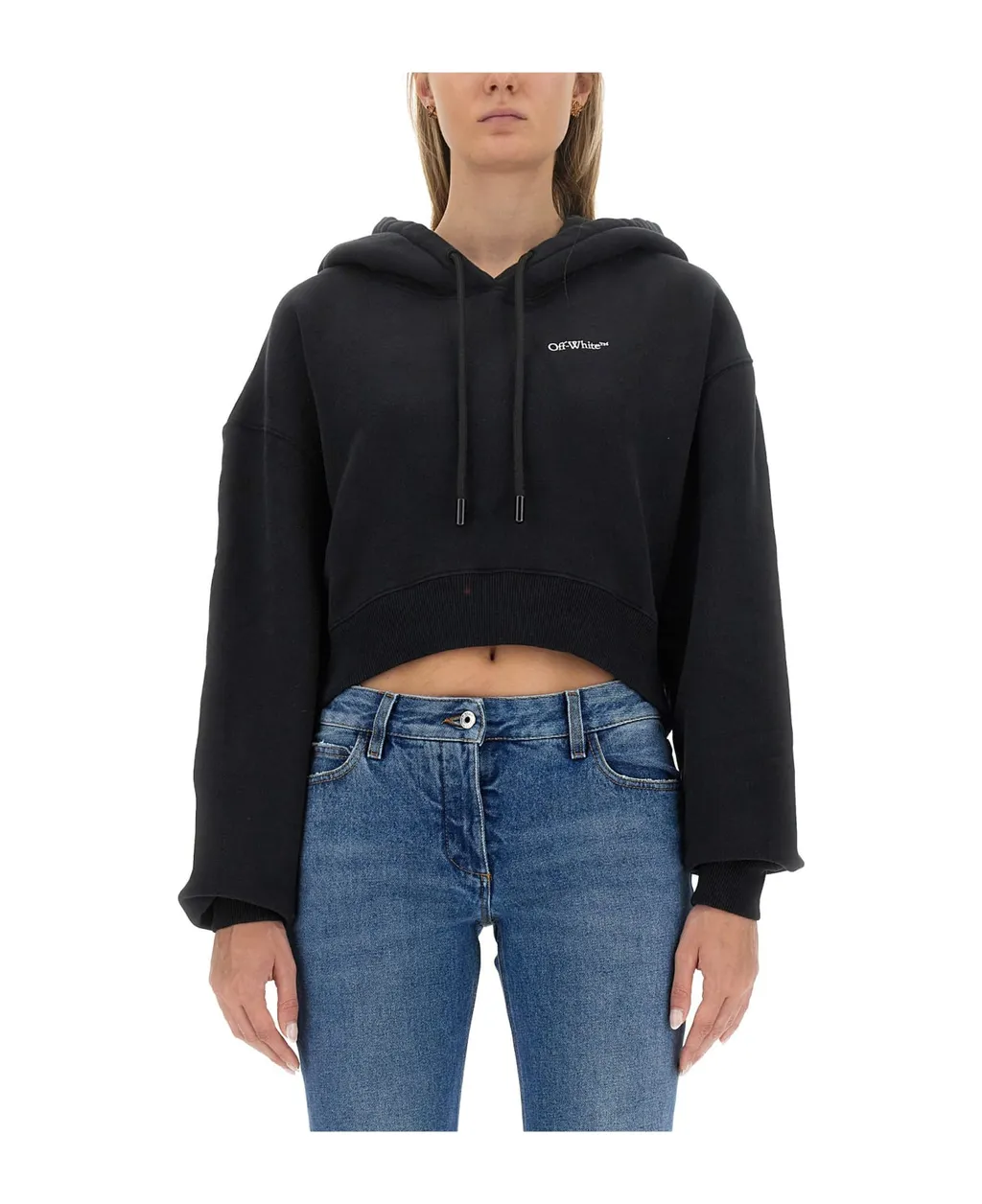Off-White Logo Printed Cropped Drawstring Hoodie