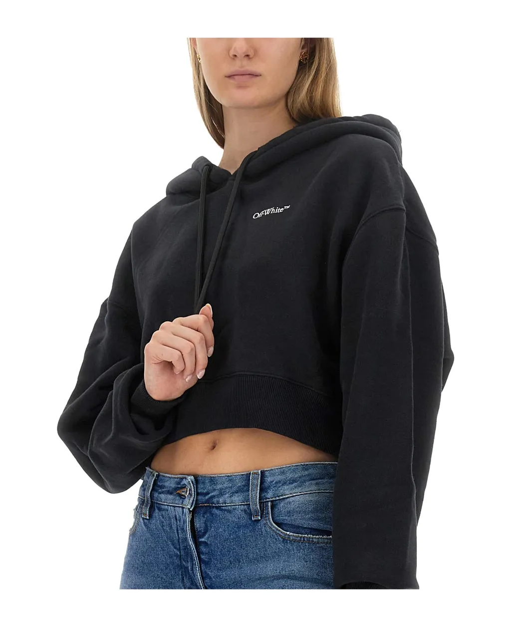 Off-White Logo Printed Cropped Drawstring Hoodie