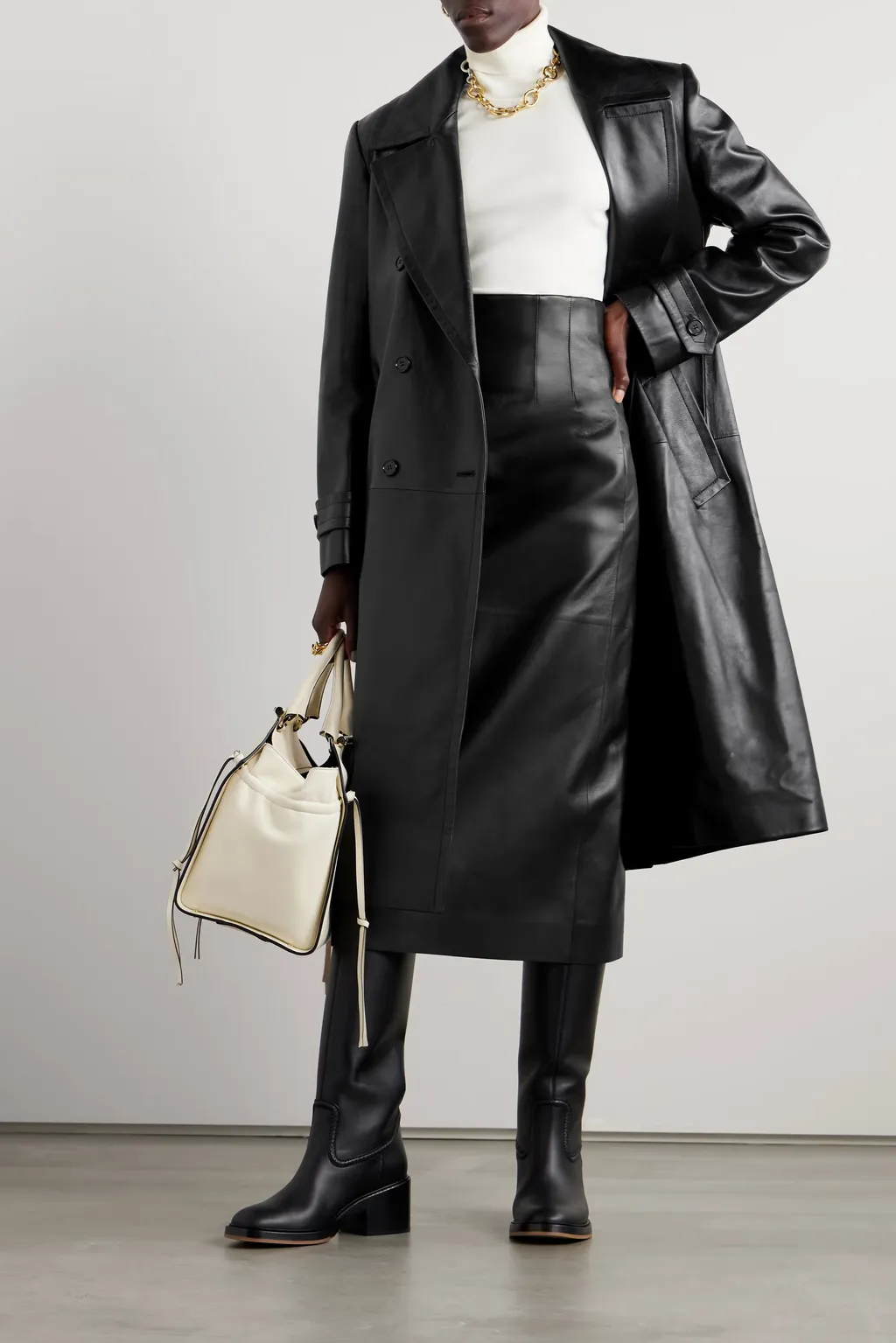 High-Waisted Leather Midi Skirt