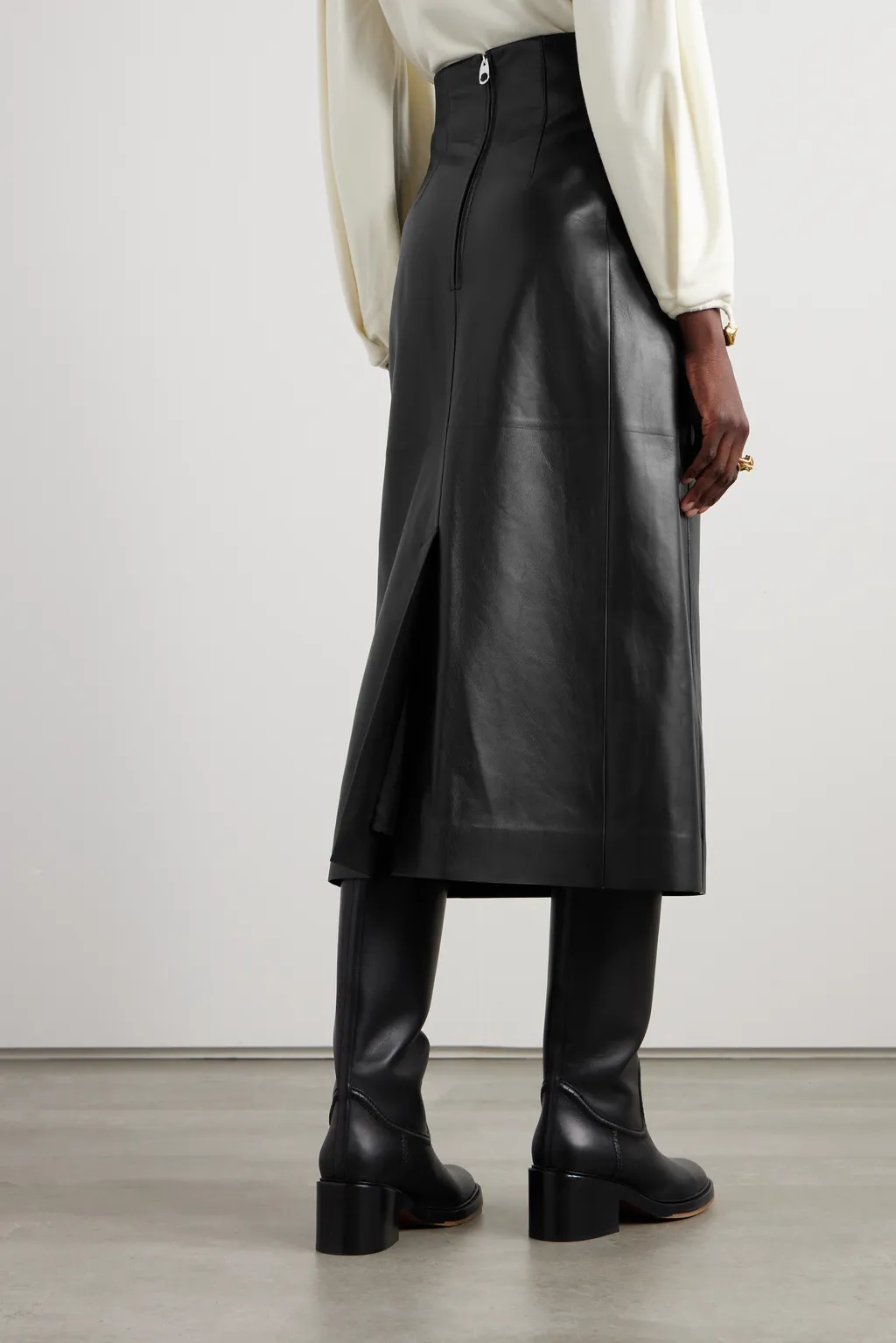 High-Waisted Leather Midi Skirt