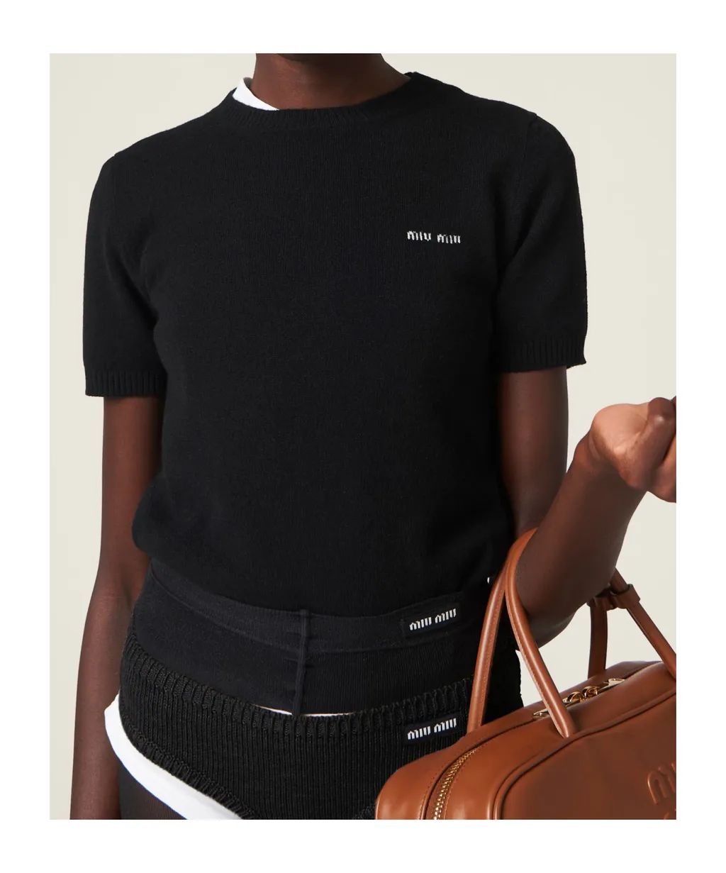 Miu Miu Logo Intarsia Knitted Short-Sleeved Pullover