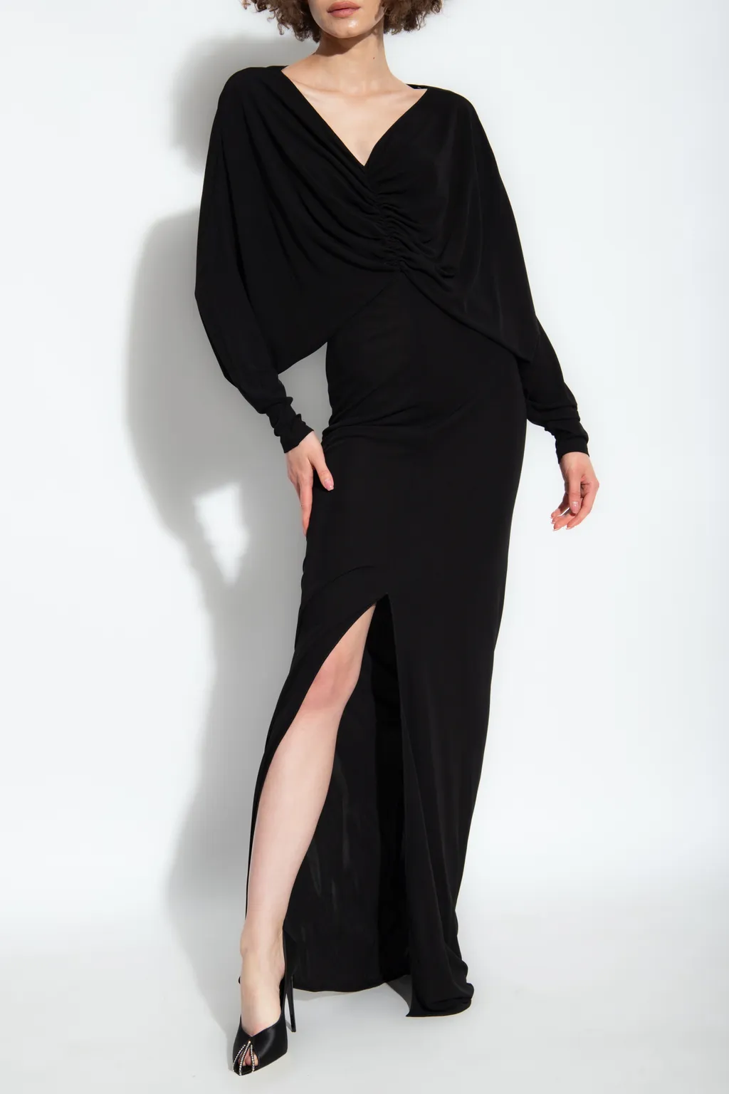 Saint Laurent Draped V-Neck Long-Sleeved Dress