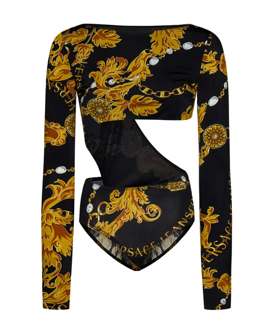 Chain Couture-Print Cut-Out Bodysuit