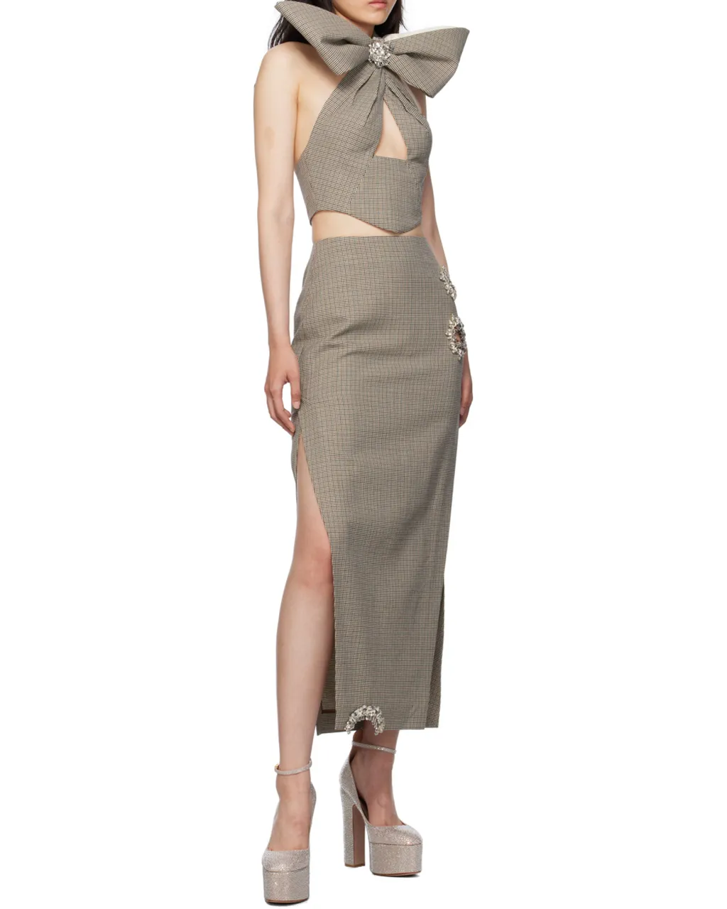 Crystal-Embellished Houndstooth Midi Skirt