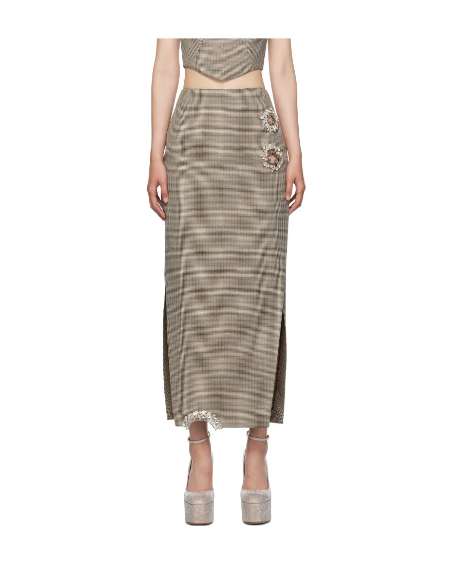 Crystal-Embellished Houndstooth Midi Skirt