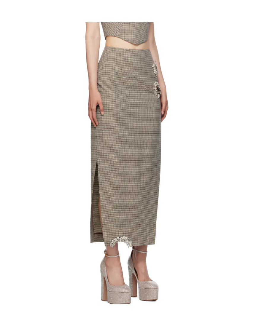 Crystal-Embellished Houndstooth Midi Skirt
