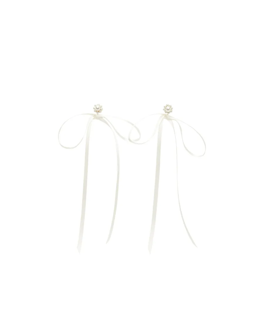 Pearl-Embellished Ribbon Bow Earrings