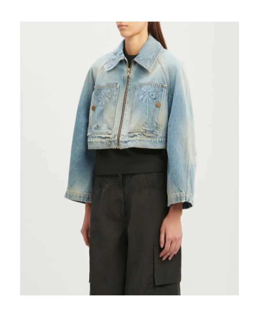 Palm Angels Palm Pattern Cropped Denim Jacket